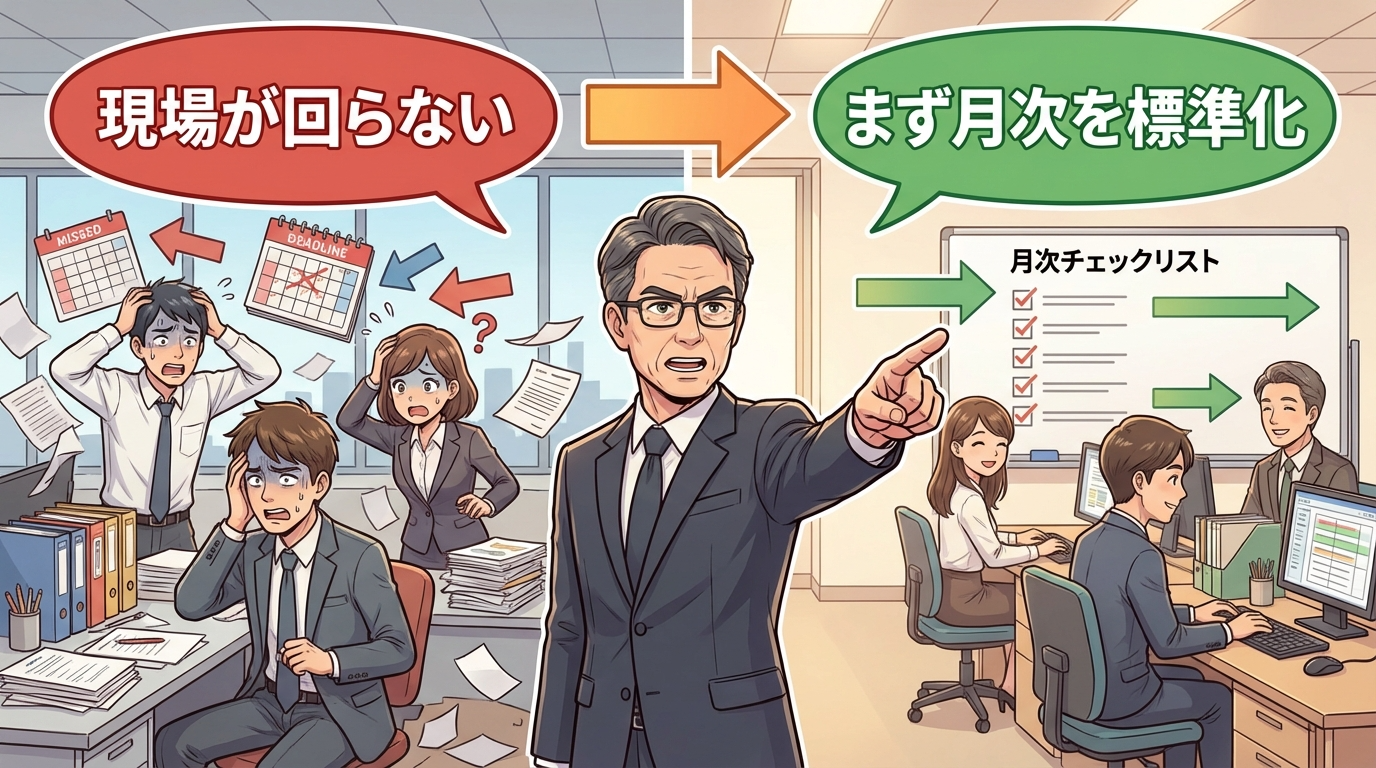 税理士事務所チームで月次標準化するイラスト