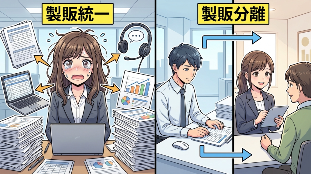 クラウド会計特化事務所の製販分離のタイミング関連図解イラスト