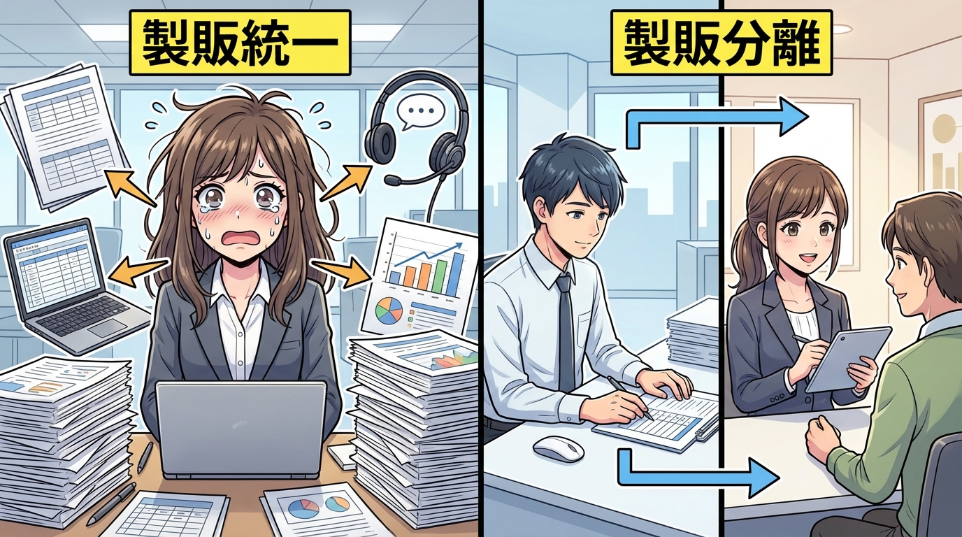 クラウド会計特化事務所の製販分離のタイミング関連図解イラスト