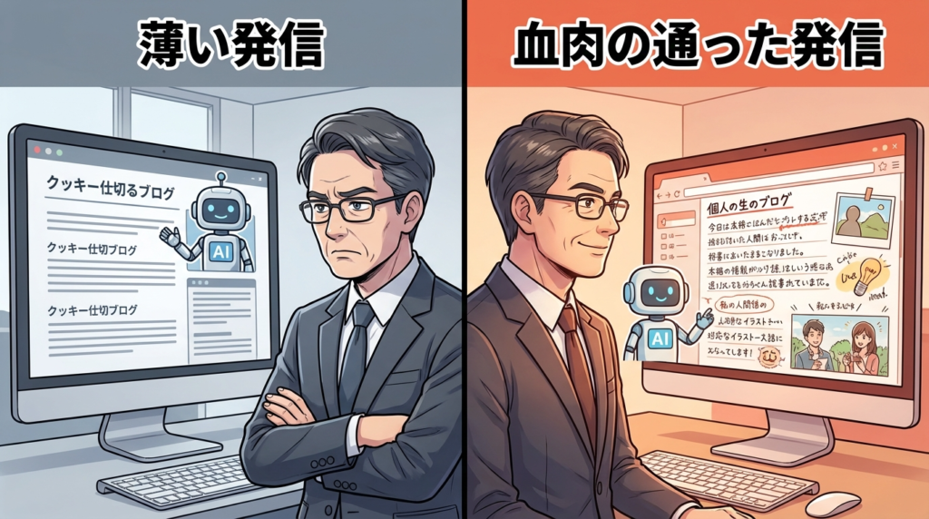 生成AIで発信が薄くなっていないか注意点関連図解イラスト