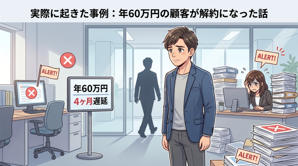 属人化による年間60万円の顧客解約事例のイラスト