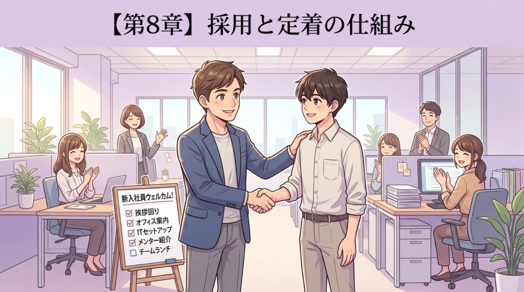採用と定着の仕組みを示す第8章イラスト