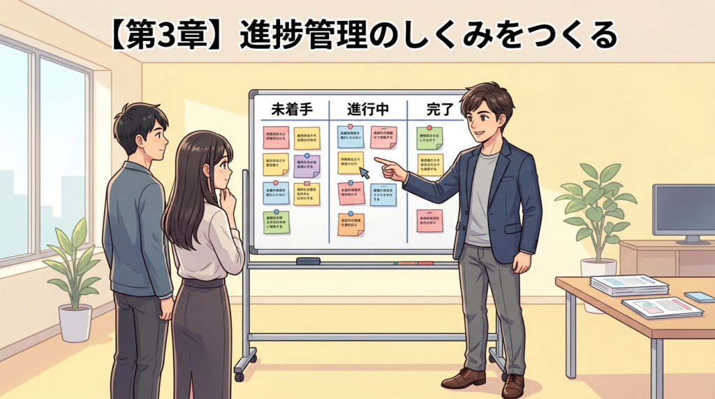 進捗管理の仕組みづくりを示す第3章イラスト