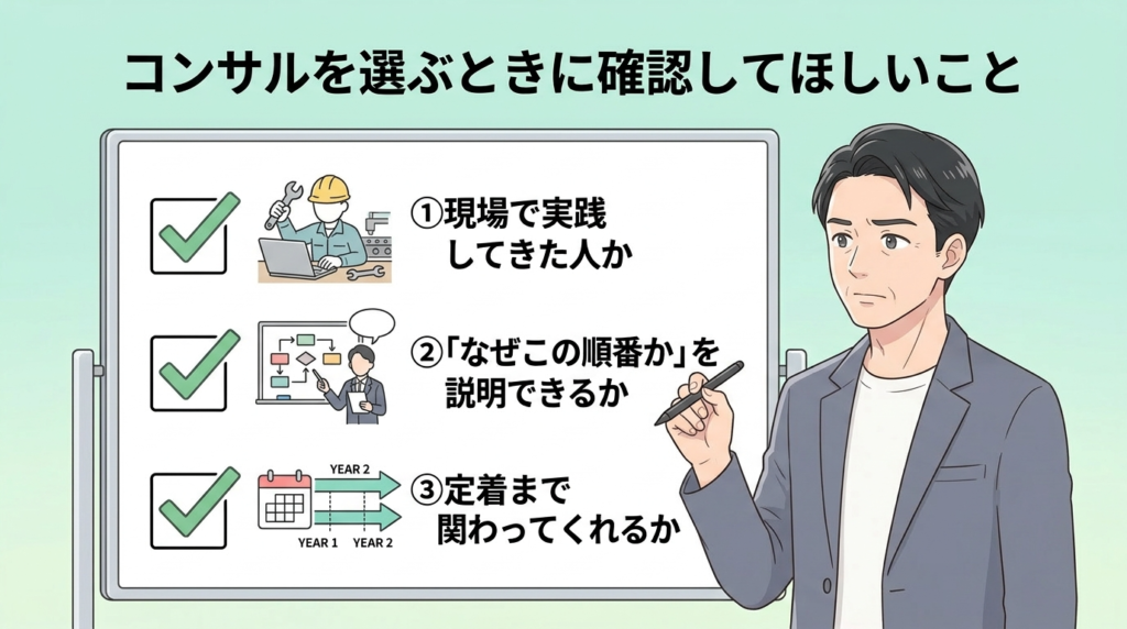 コンサルを選ぶときに確認すべきポイントのイラスト