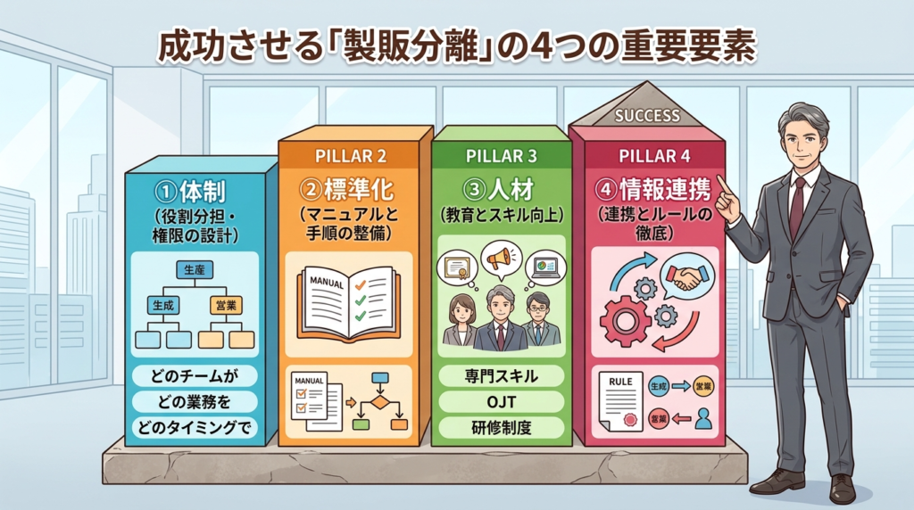 製販分離を実現するために必要な4つの要素の図解