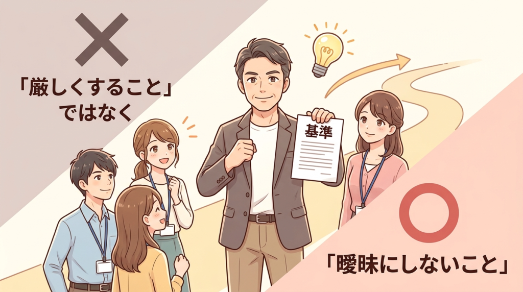 厳しくすることではなく曖昧にしないことの重要性を示すまとめイラスト