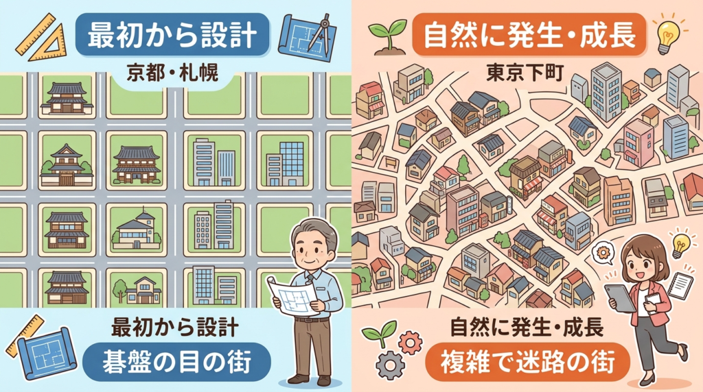 組織設計は最初から設計するか後から直すかの選択を示すイラスト