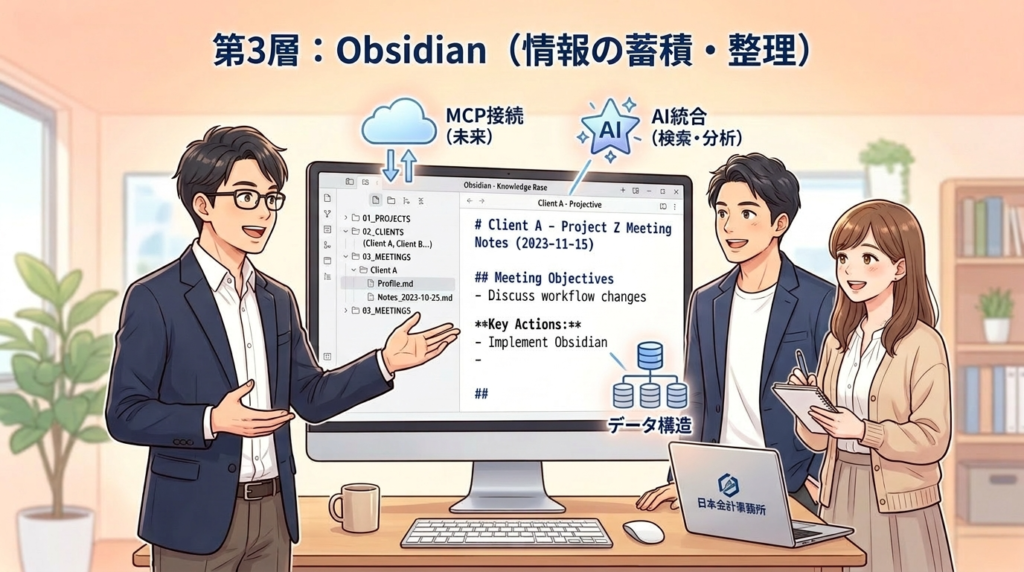 Obsidianによる情報の蓄積・整理を示すイラスト