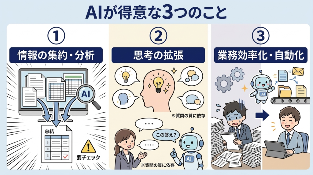 AIが得意な3つのことを示す図解