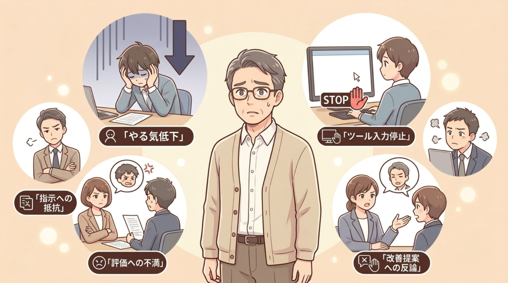 スタッフの困った行動が出る前のあるある状況のイラスト