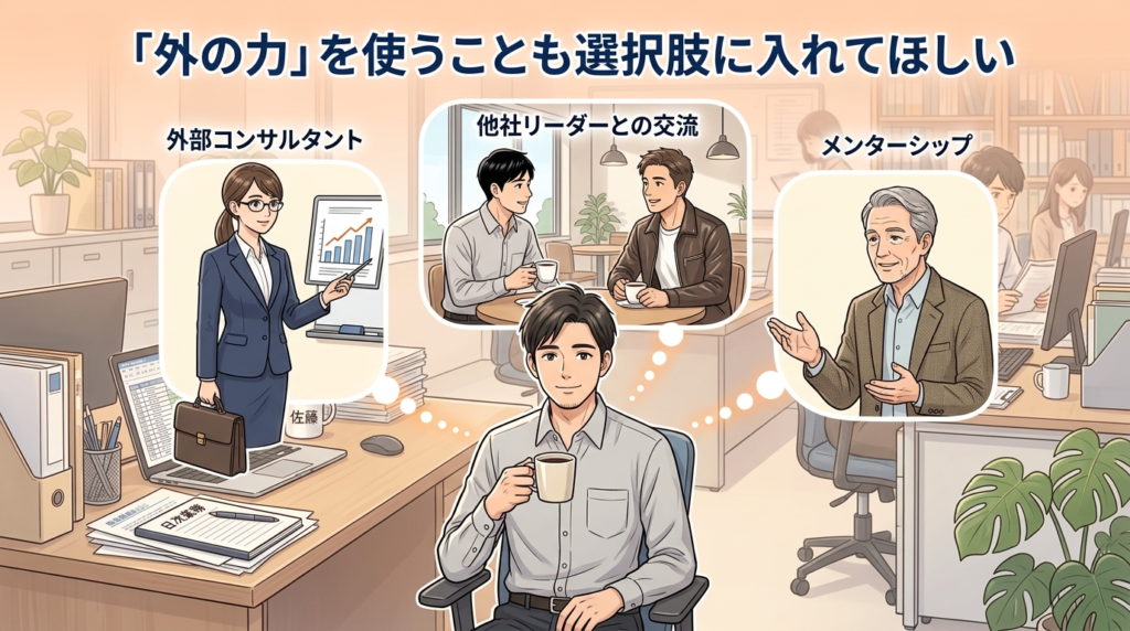 外部の力を活用するという選択肢を示すイラスト