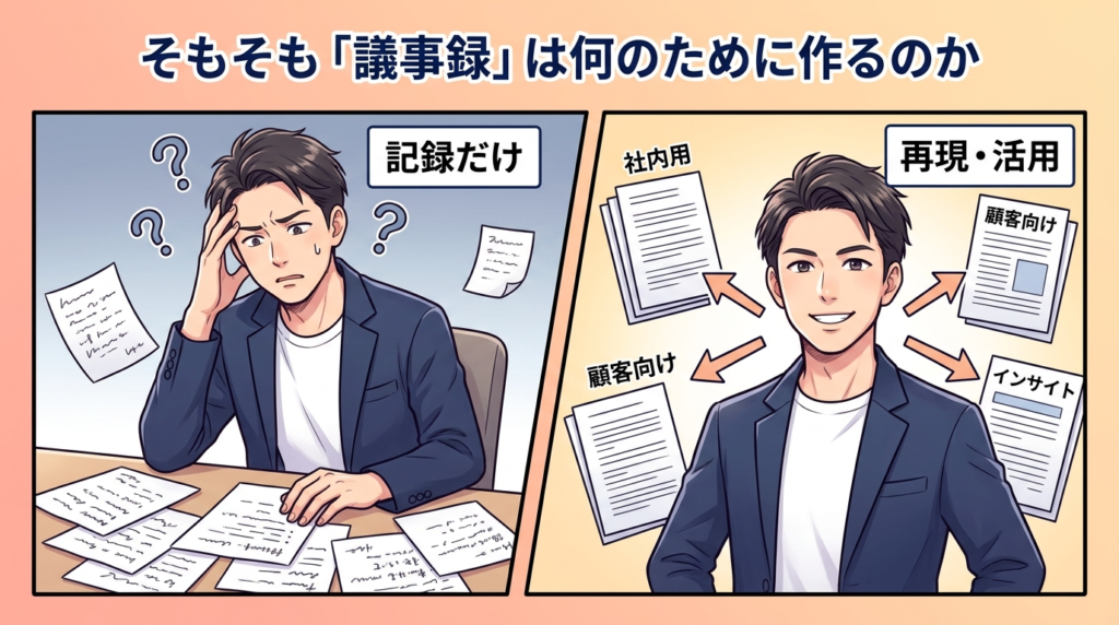 議事録を何のために作るのかを整理するイラスト