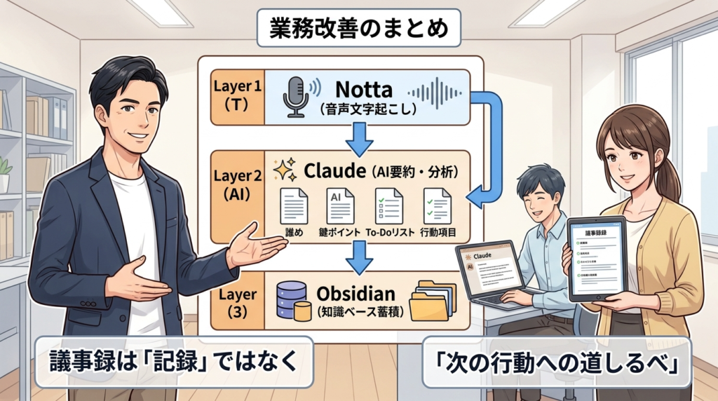 Notta×Claudeで作る議事録活用の仕組みのまとめイラスト