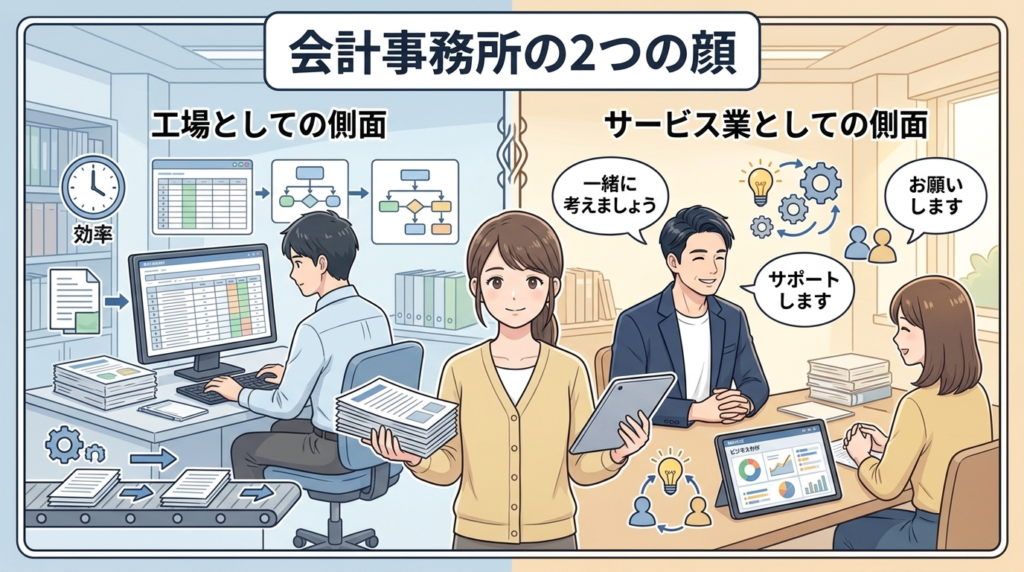 会計事務所には工場とサービス業の2つの顔があることを示すイラスト