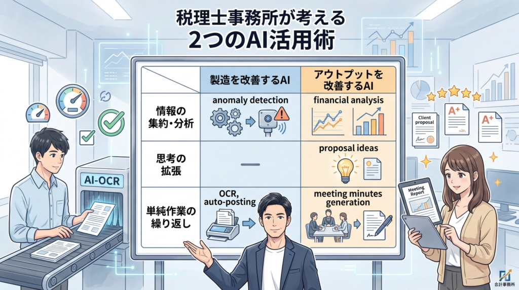 製造を改善するAIとアウトプットを改善するAIの2つの視点の図解