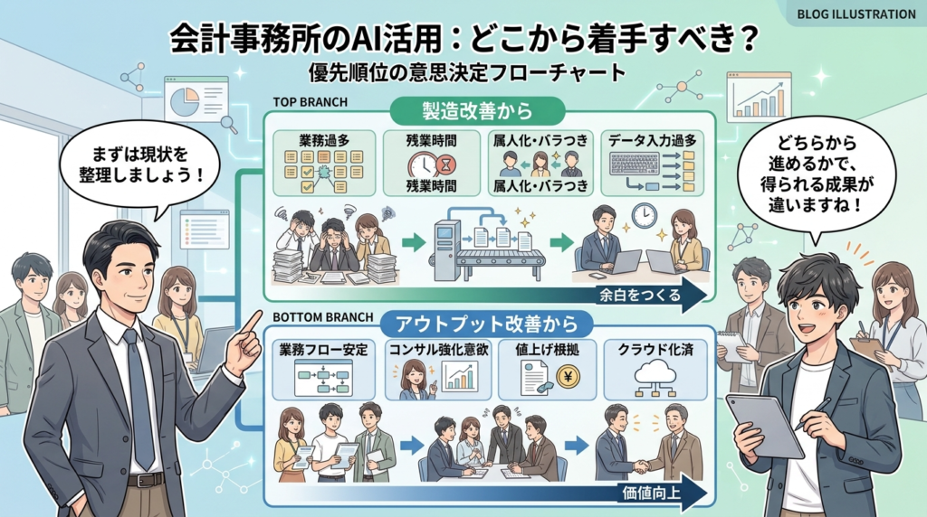 事務所に合うAIの選び方を示すイラスト