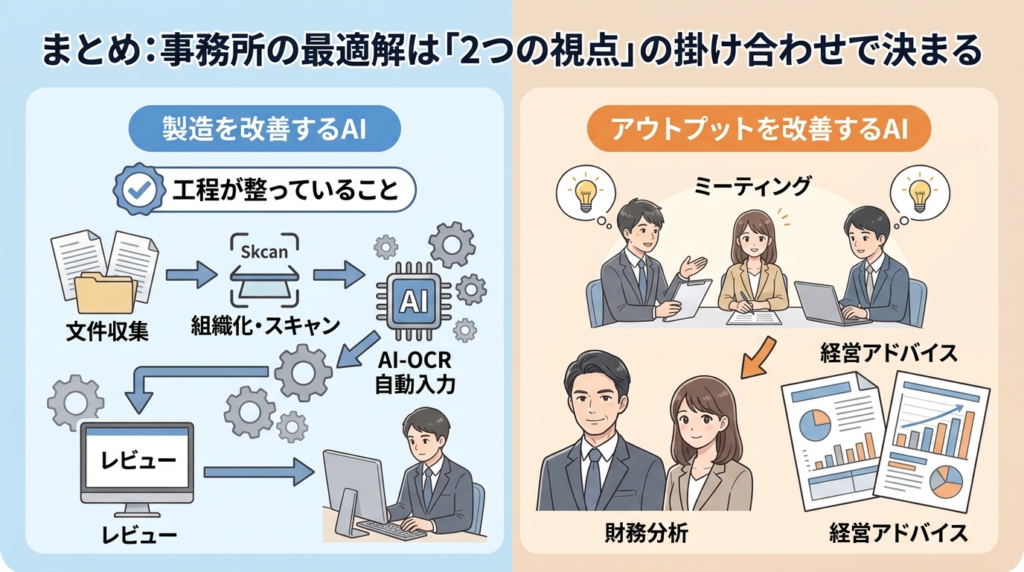 2つの視点の掛け合わせで最適解が決まるまとめイラスト