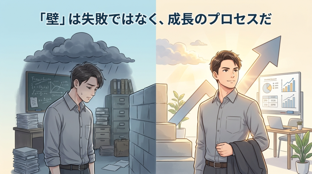 リーダーの成長プロセスにおける壁と乗り越えを示すイラスト