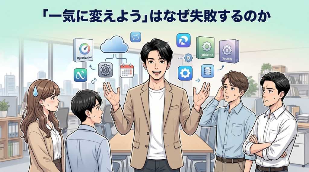 会計事務所のシステム導入で失敗するパターンのイラスト