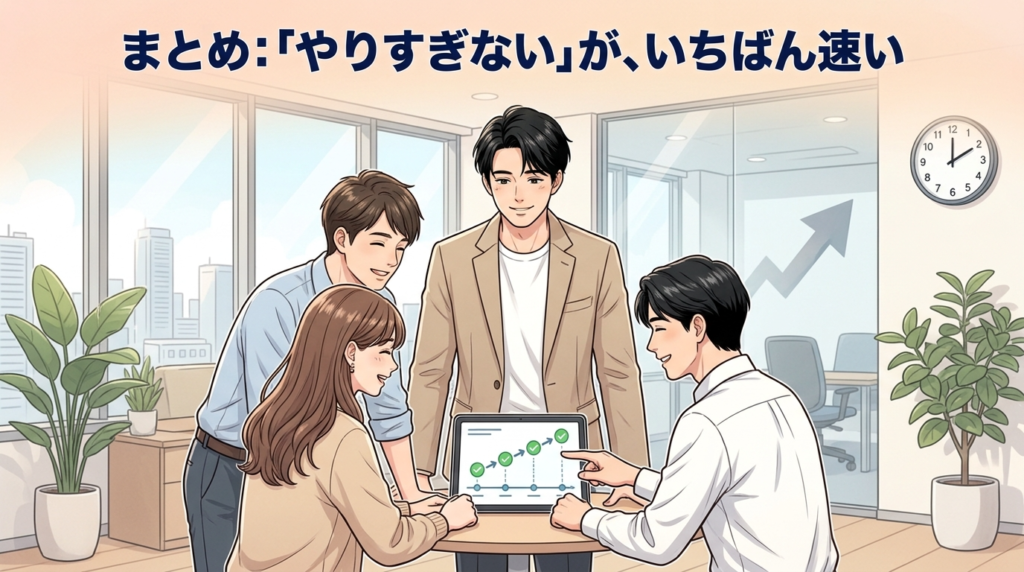 やりすぎないシステム導入が最も速いというまとめイラスト