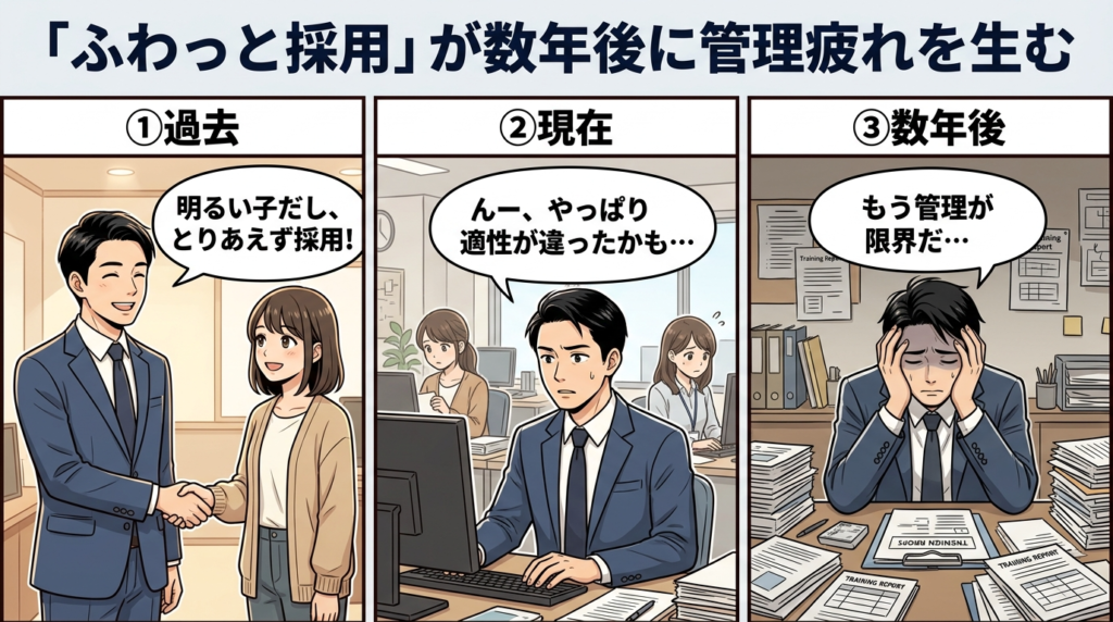 ふわっと採用が数年後に管理疲れを生む構造のイラスト