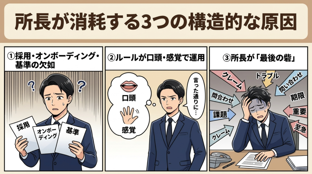 所長が消耗する3つの構造的な原因の図解