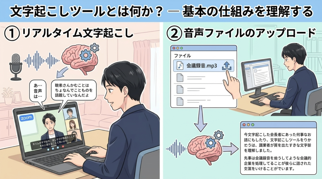 文字起こしツールの基本の仕組みを説明する図解