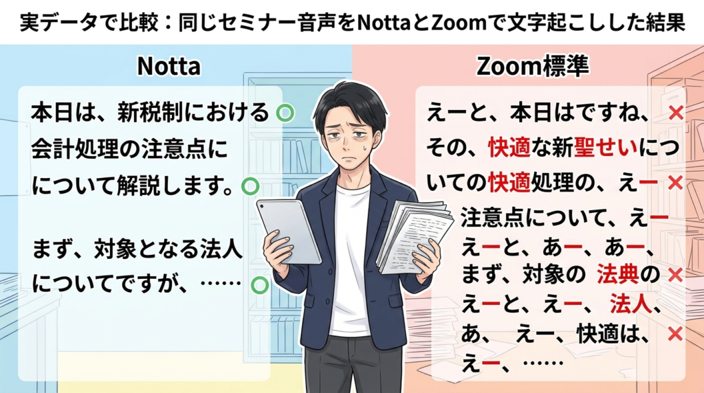 NottaとZoomの文字起こし精度を実データで比較した図解