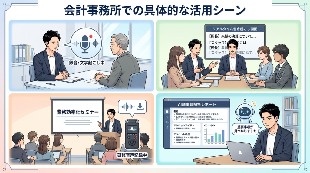 会計事務所での文字起こし活用シーンのイラスト
