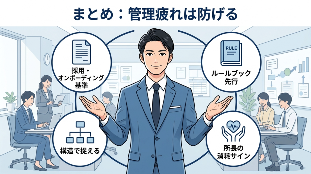 管理疲れは防げるというまとめイラスト