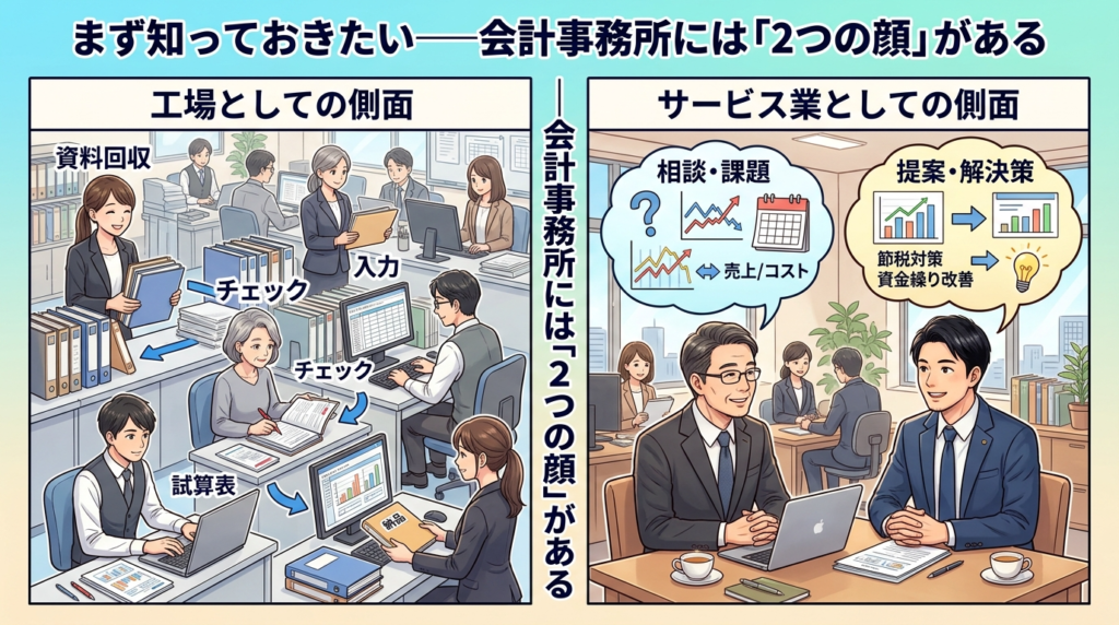会計事務所には工場とサービス業の2つの顔があることを示す図解
