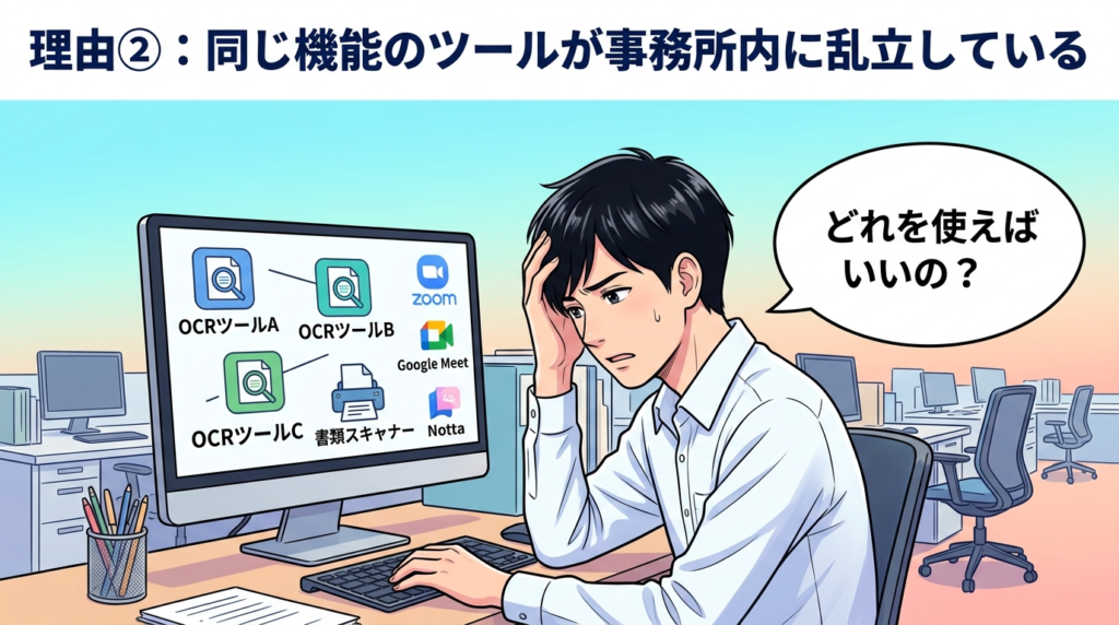 同じ機能のAIツールが事務所内に乱立している状態のイラスト