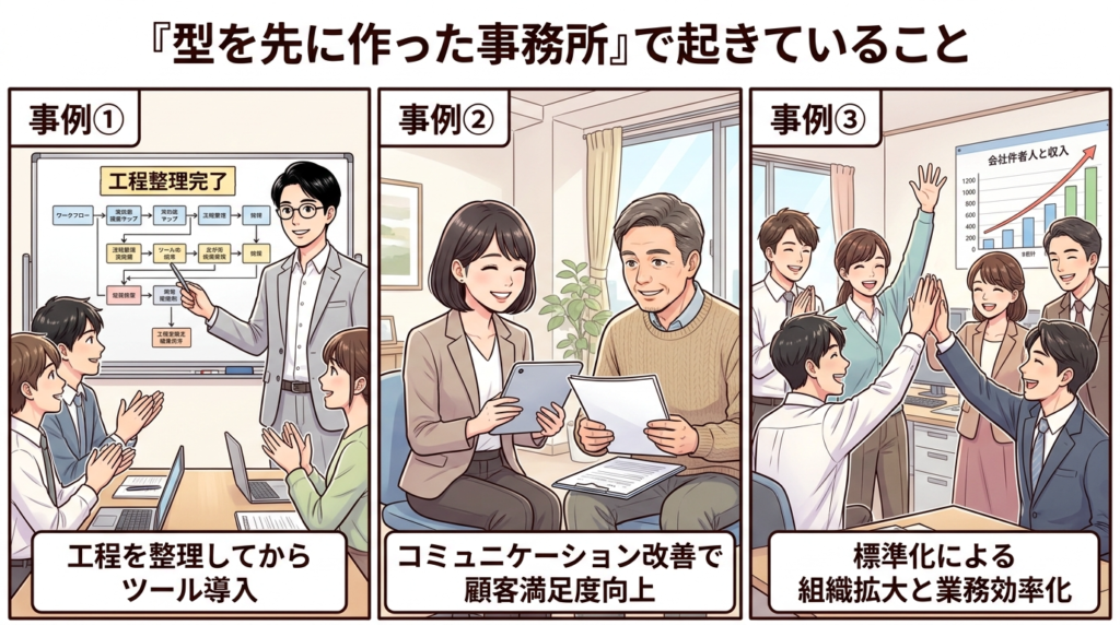 型を先に作った事務所でAIが定着している様子のイラスト